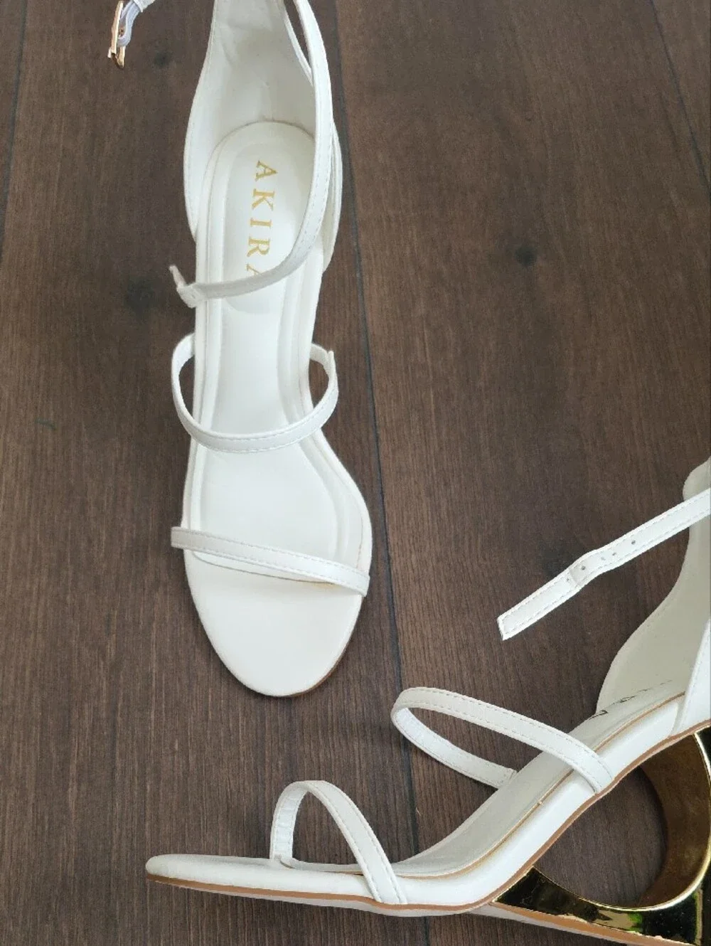 AKIRA White Strappy Slingback Heels with Gold Sculpted Heel